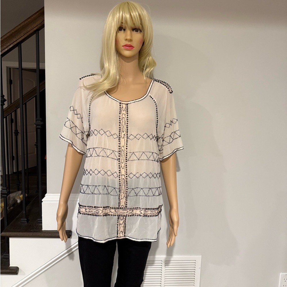 Carnation lily lily rose Ivory Sheer short sleeve Blouse w/ Black Beaded Detail